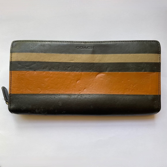 Coach Leather Black/Tan Zip Around Accordion Wallet - Picture 1 of 13